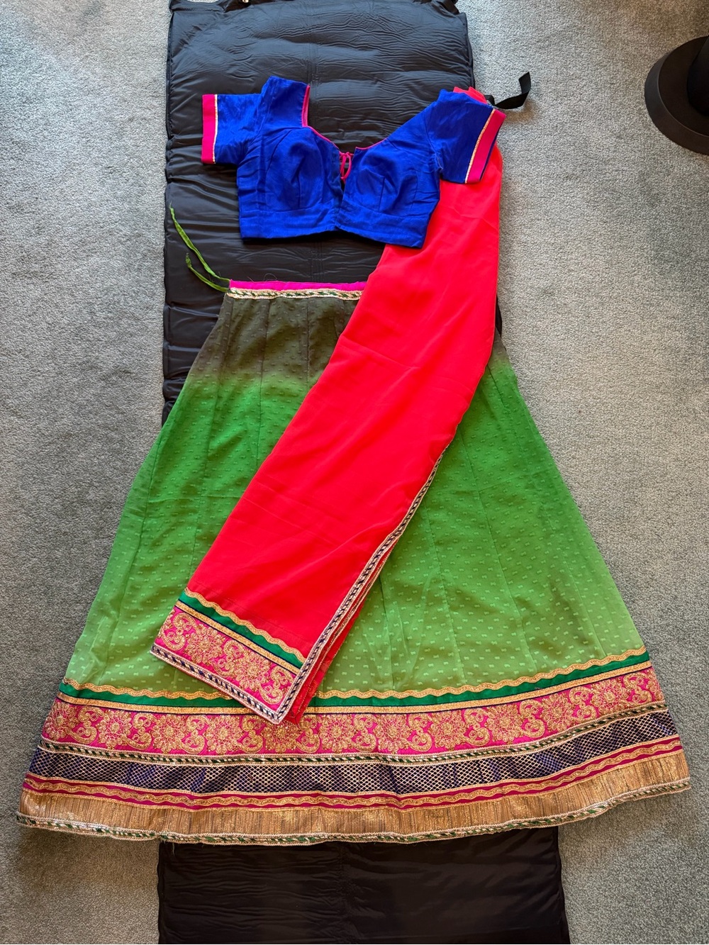 Women’s size small Green Lehenga Skirt with Pink Dupatta and Royal Blue Blouse